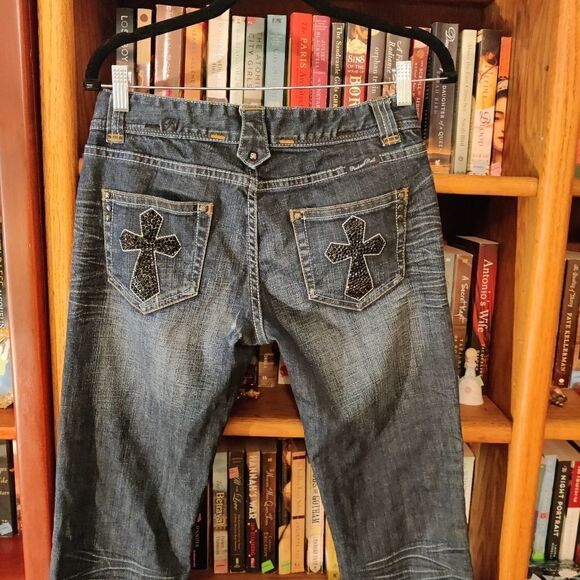 ROCK & roll cowgirl black jeweled cross jeans size 28 euc - Picture 2 of 6